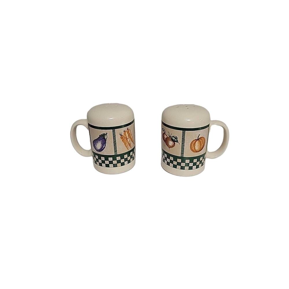Salt & Pepper Shakers Vegetables & Green Checker Pattern Vintage Himark Ceramic